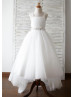 Ivory Tulle Beaded Straps Cross Back Hi Low Lace Trim Flower Girl Dress 